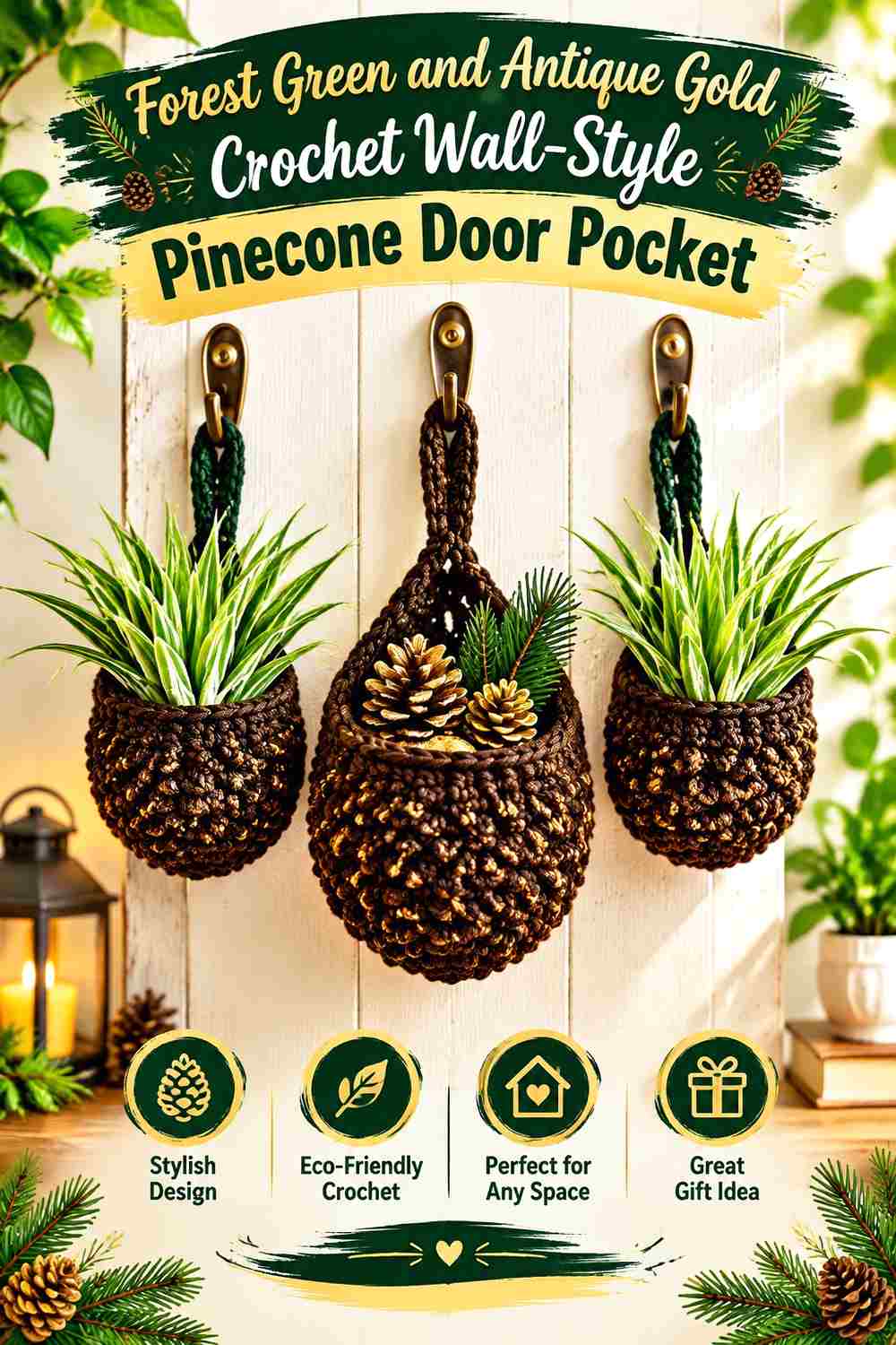 9. Forest Green And Antique Gold Crochet Wall Style Pinecone Door Pocket