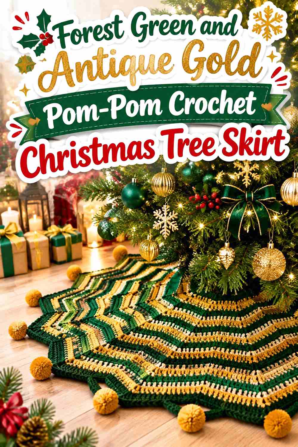7. Forest Green And Antique Gold Pom Pom Crochet Christmas Tree Skirt