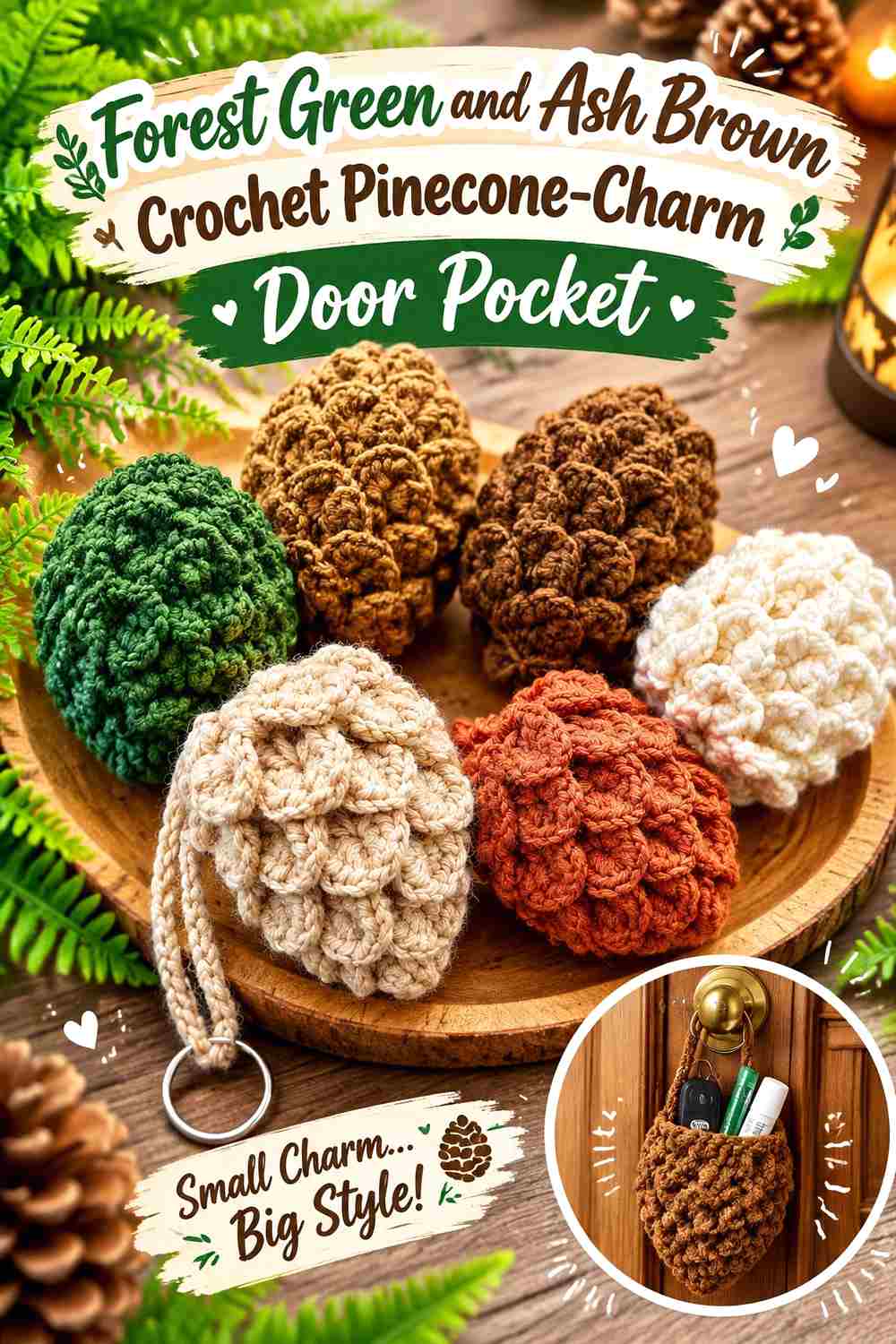16. Forest Green And Ash Brown Crochet Pinecone Charm Door Pocket