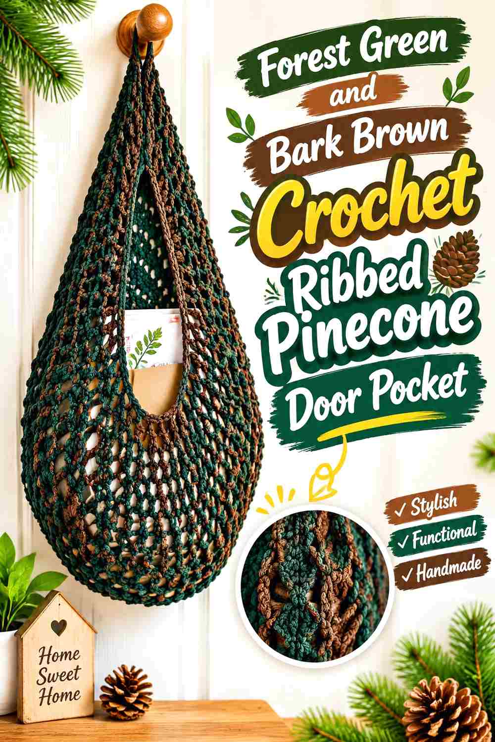 1. Forest Green And Bark Brown Crochet Ribbed Pinecone Door Pocket
