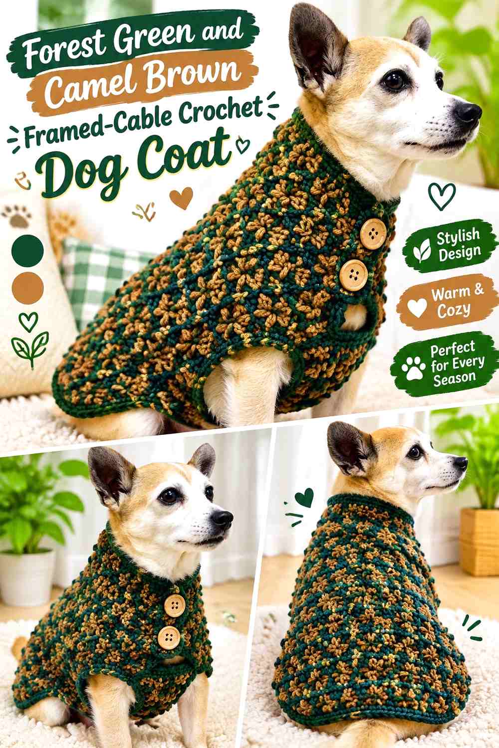 Forest Green and Camel Brown Framed-Cable Crochet Dog Coat