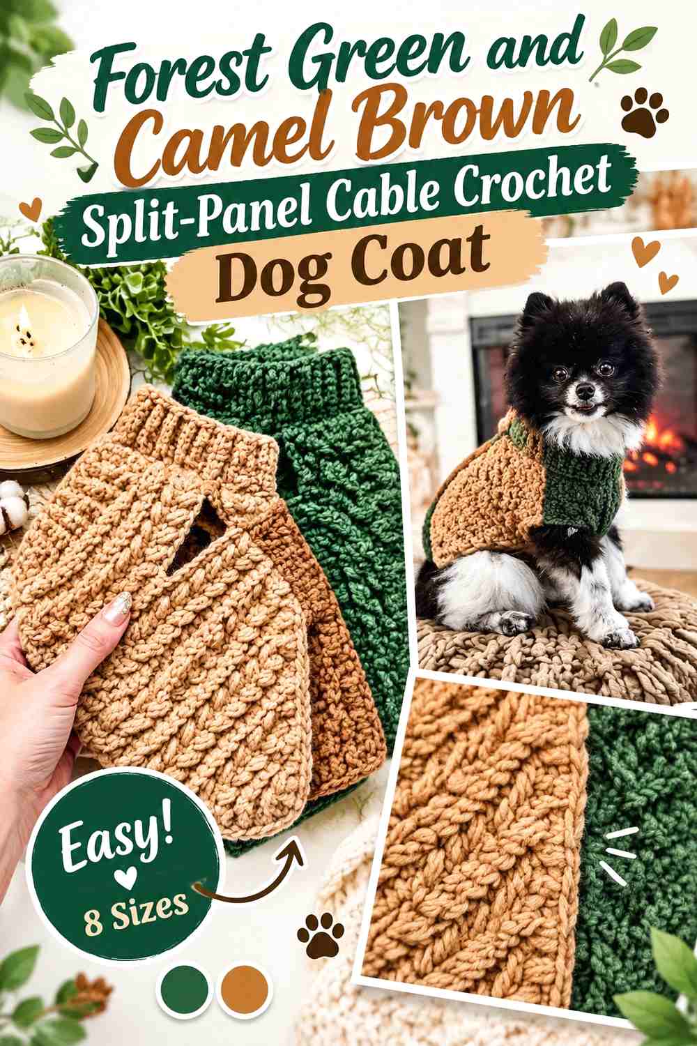 Forest Green and Camel Brown Split-Panel Cable Crochet Dog Coat