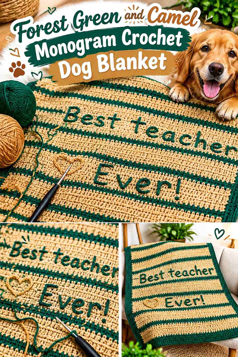 Forest Green and Camel Monogram Crochet Dog Blanket
