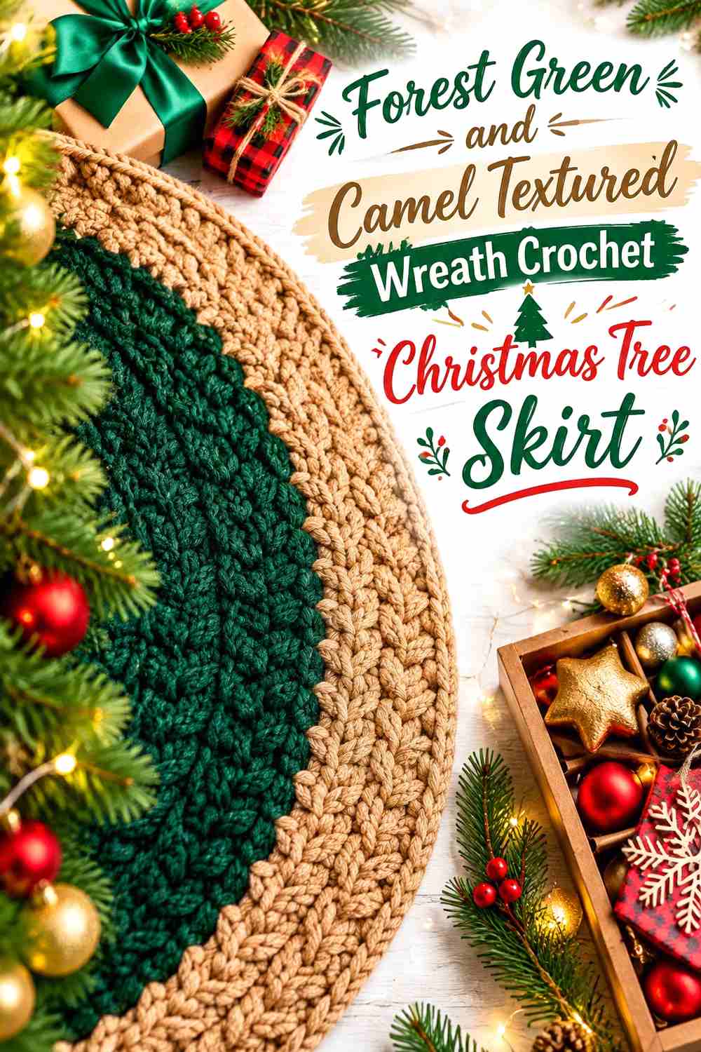 9. Forest Green And Camel Textured Wreath Crochet Christmas Tree Skirt