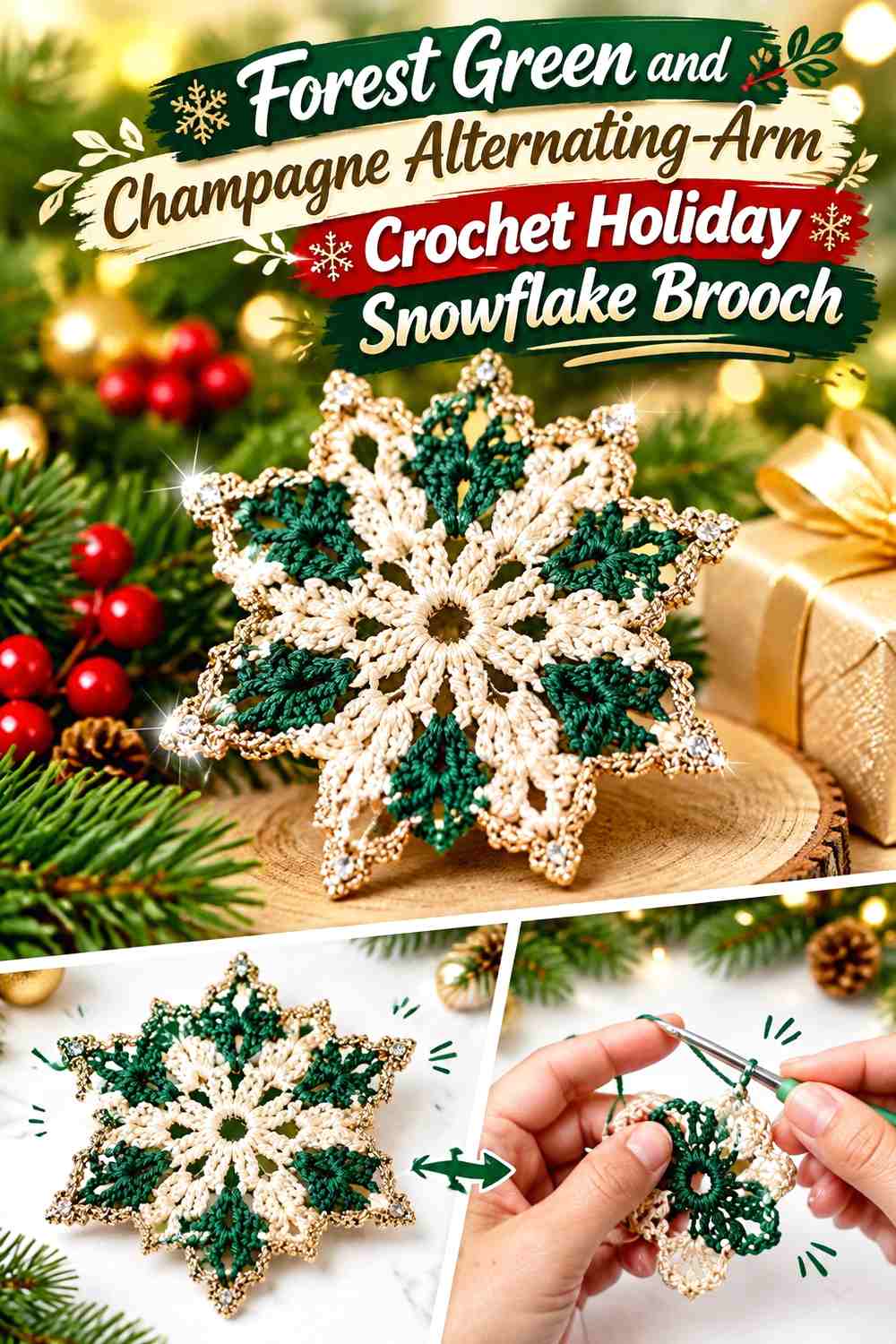 Forest Green and Champagne Alternating-Arm Crochet Holiday Snowflake Brooch