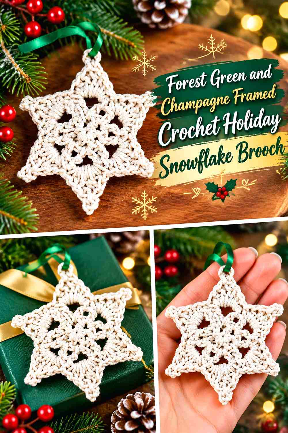 Forest Green and Champagne Framed Crochet Holiday Snowflake Brooch