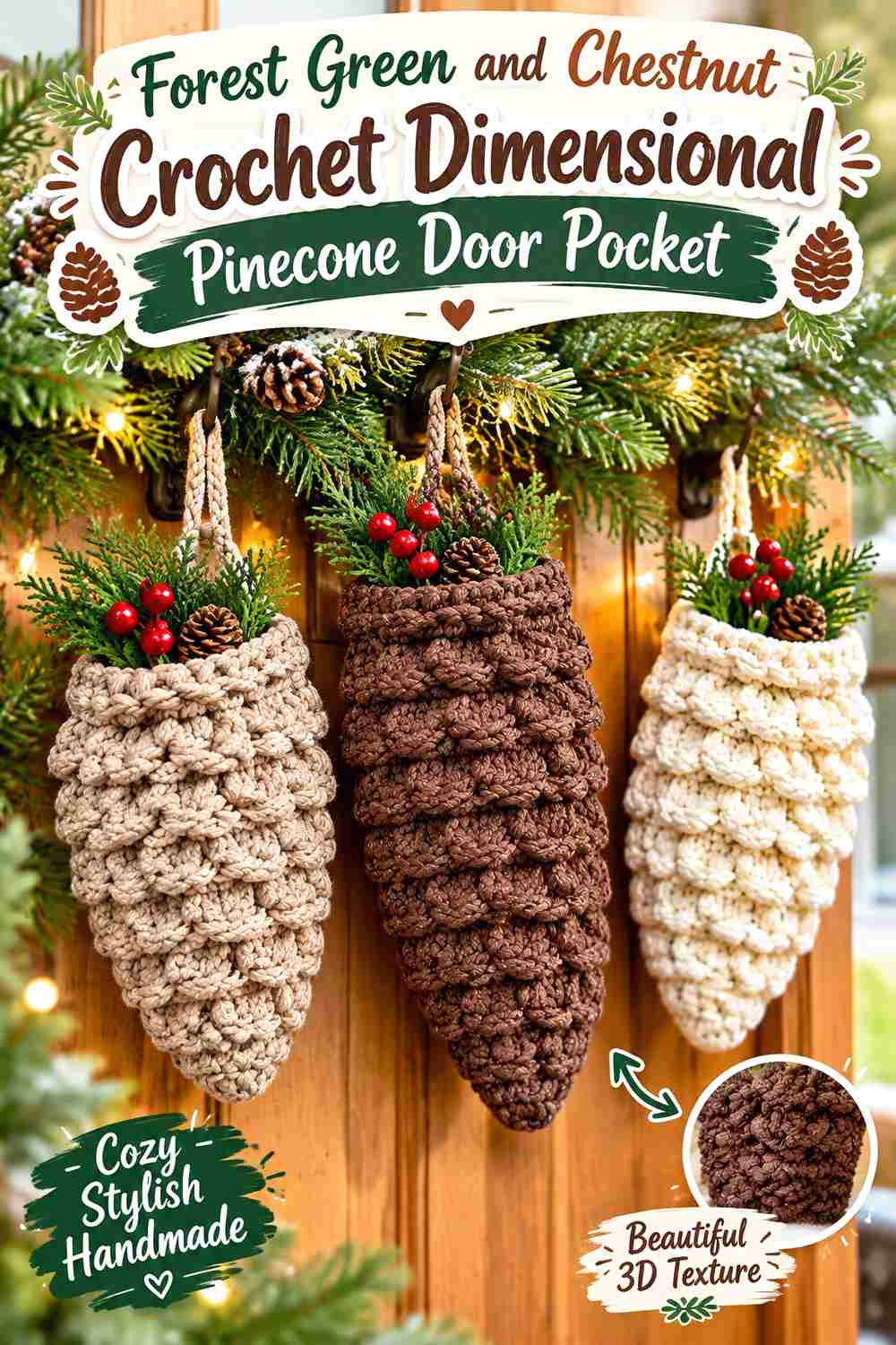 15. Forest Green And Chestnut Crochet Dimensional Pinecone Door Pocket