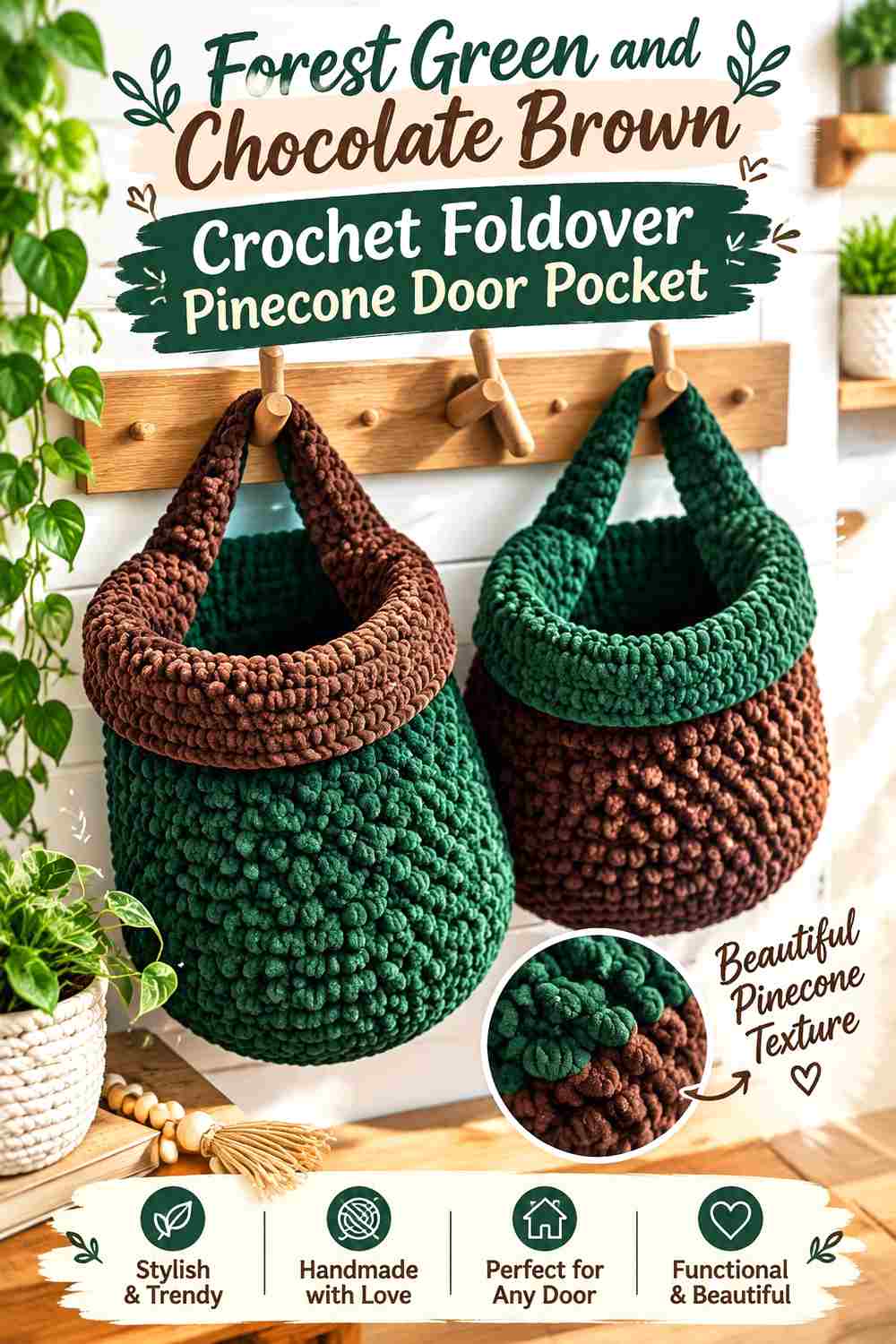 11. Forest Green And Chocolate Brown Crochet Foldover Pinecone Door Pocket