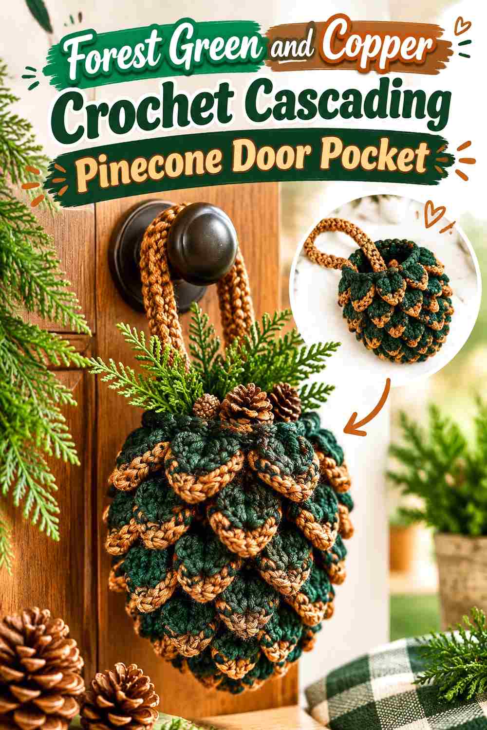 14. Forest Green And Copper Crochet Cascading Pinecone Door Pocket