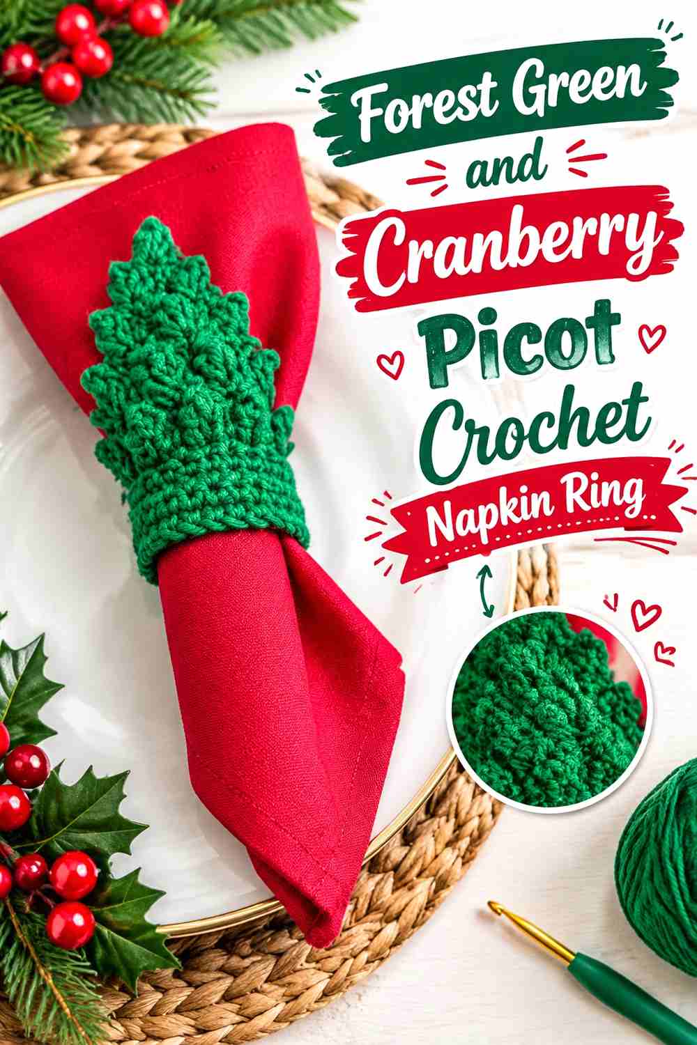 12. Forest Green And Cranberry Picot Crochet Napkin Ring