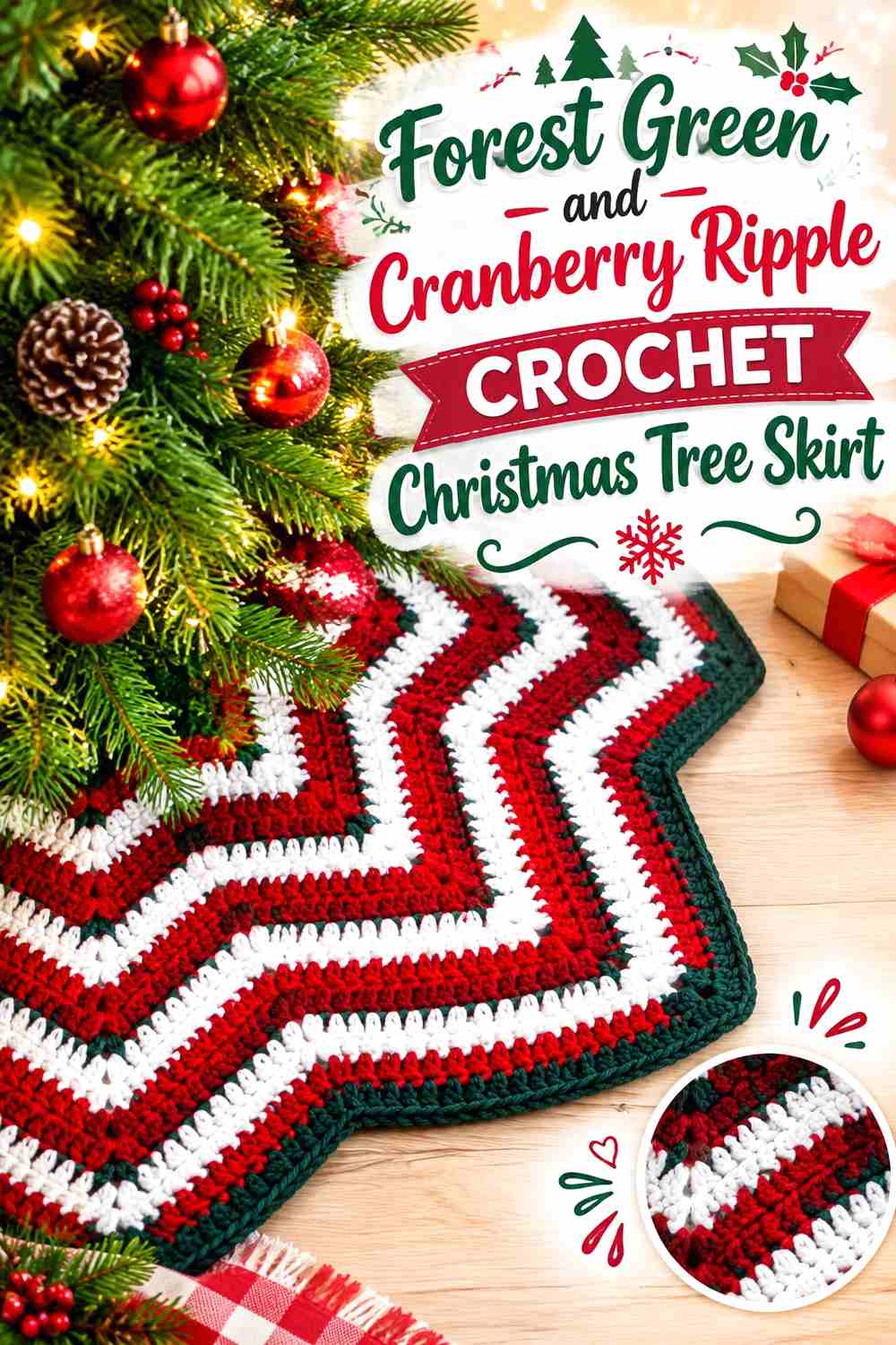 16. Forest Green And Cranberry Ripple Crochet Christmas Tree Skirt