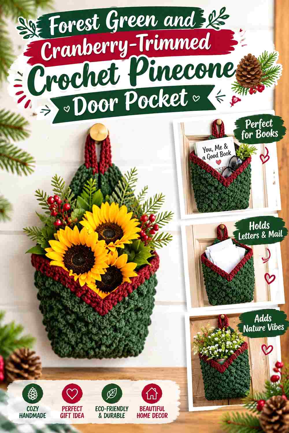6. Forest Green And Cranberry Trimmed Crochet Pinecone Door Pocket