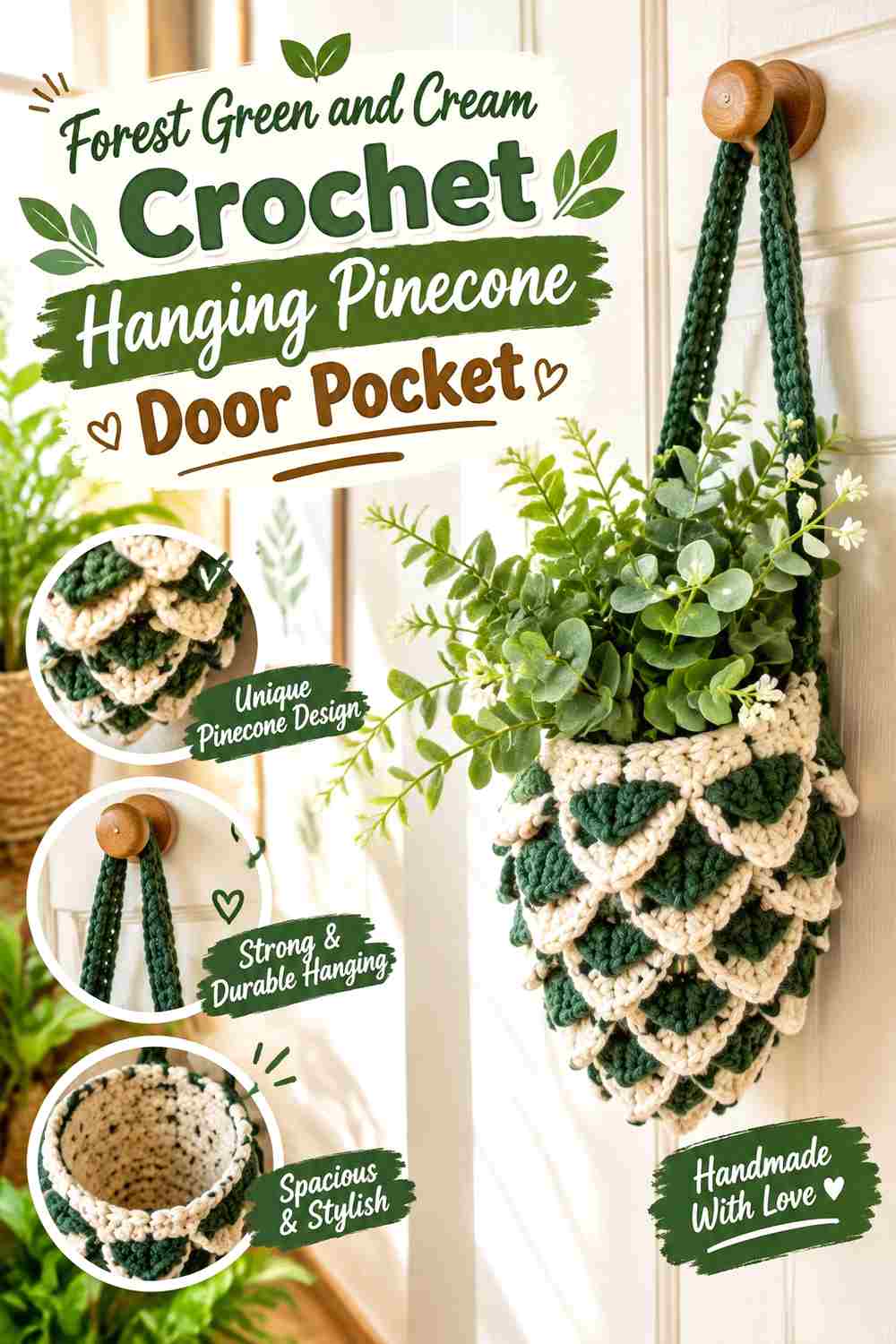 4. Forest Green And Cream Crochet Hanging Pinecone Door Pocket