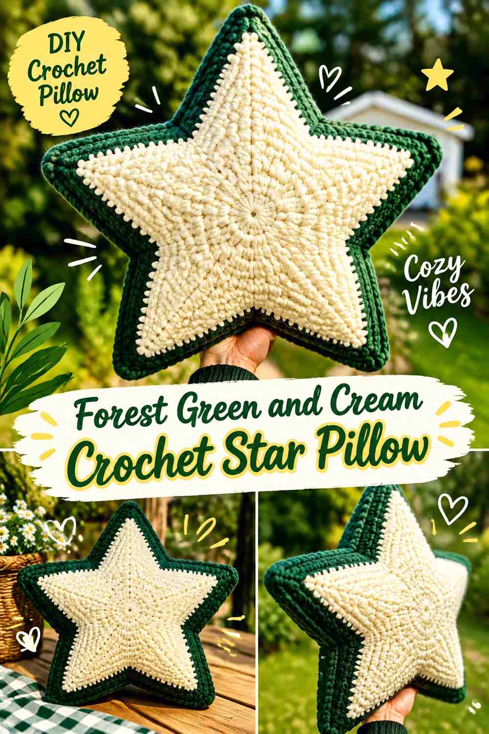 Forest Green and Cream Crochet Star Pillow