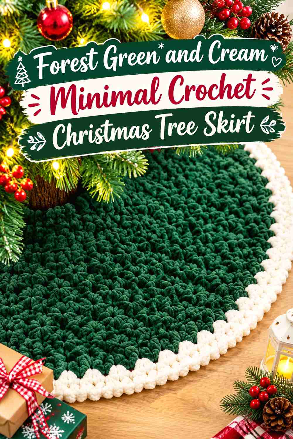17. Forest Green And Cream Minimal Crochet Christmas Tree Skirt