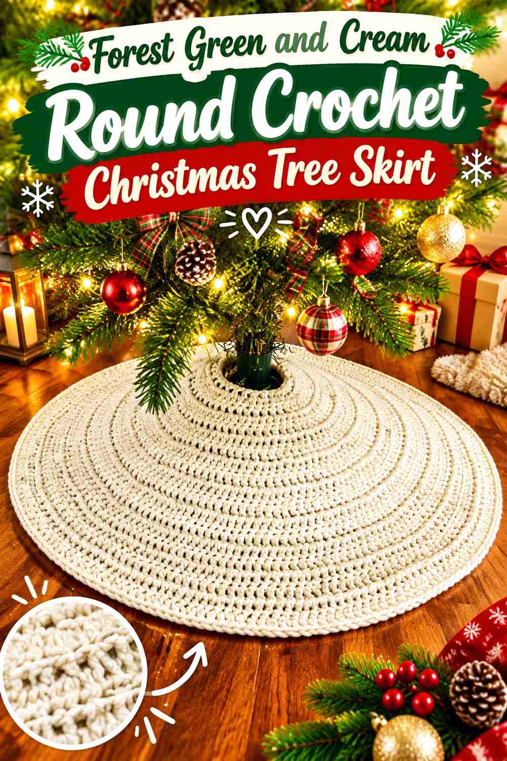 1. Forest Green And Cream Round Crochet Christmas Tree Skirt