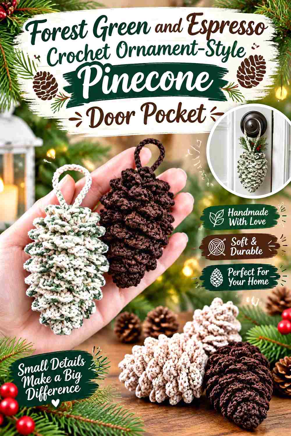 18. Forest Green And Espresso Crochet Ornament Style Pinecone Door Pocket