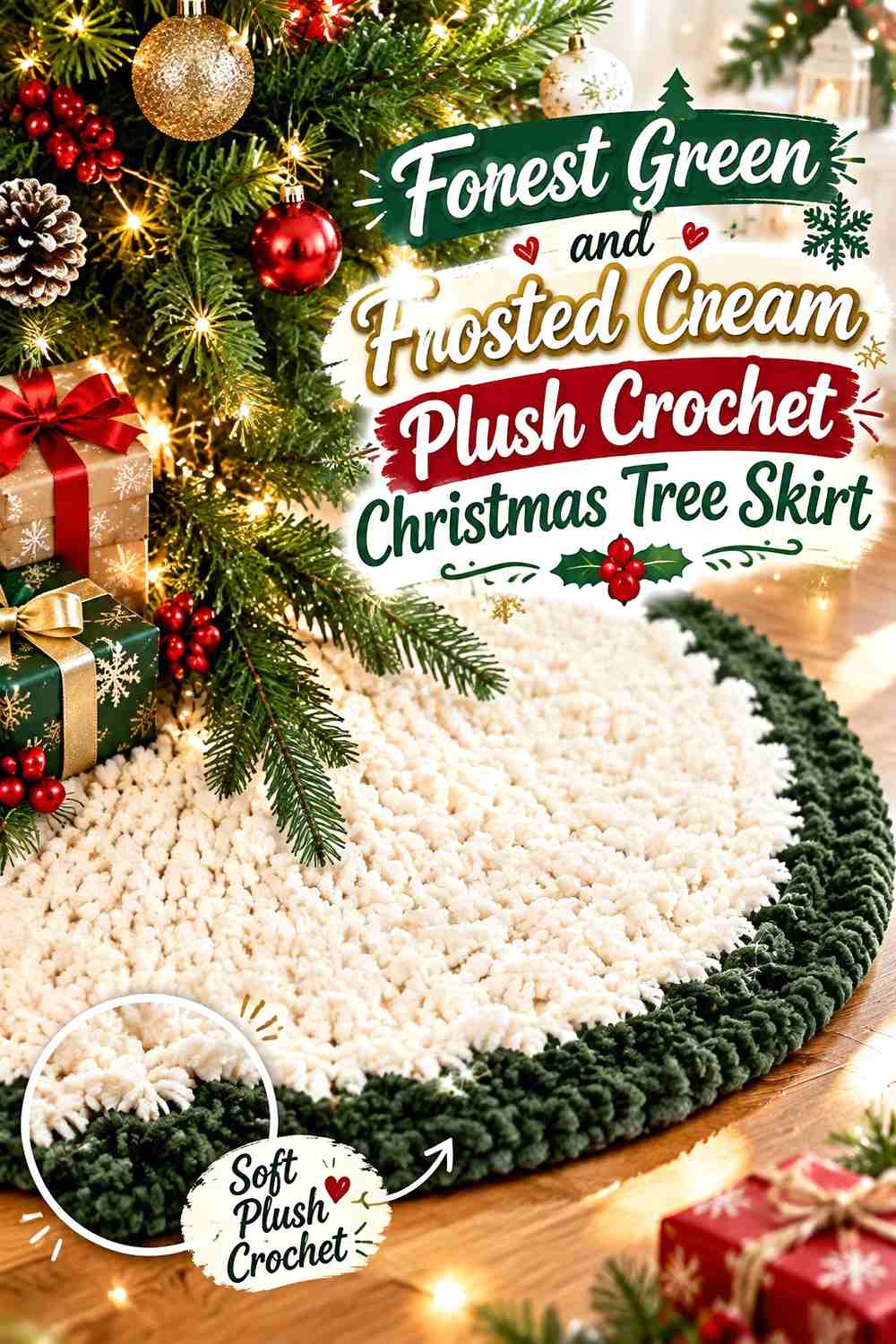 8. Forest Green And Frosted Cream Plush Crochet Christmas Tree Skirt