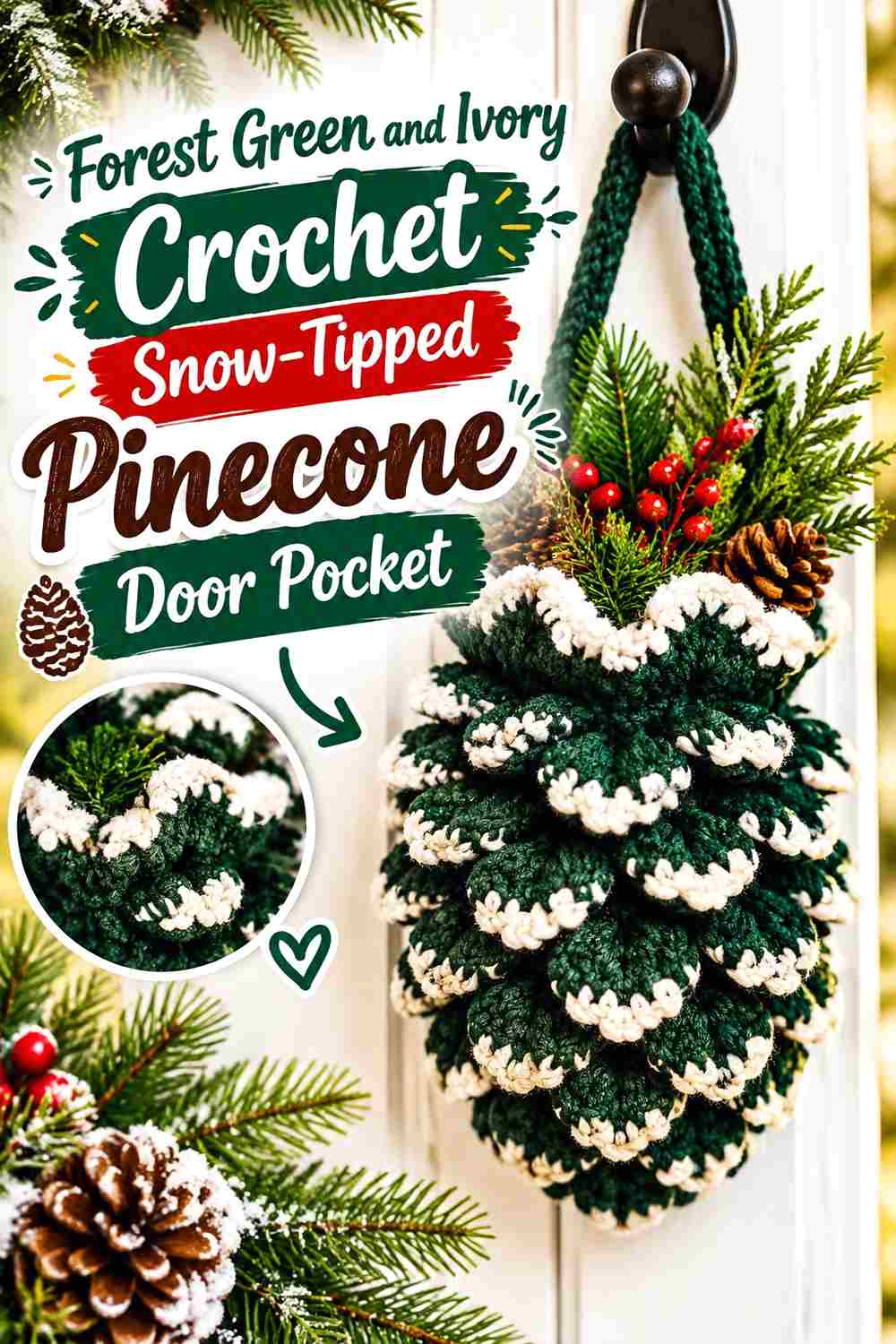 17. Forest Green And Ivory Crochet Snow Tipped Pinecone Door Pocket