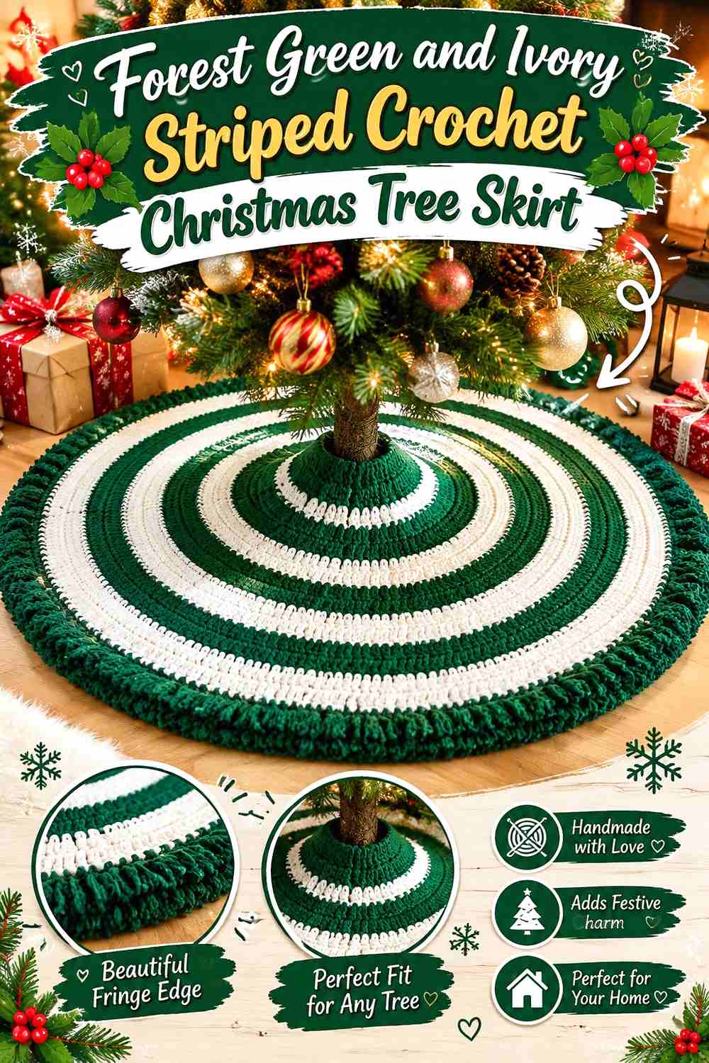 2. Forest Green And Ivory Striped Crochet Christmas Tree Skirt