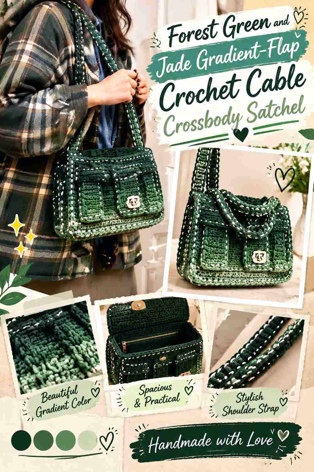 14. Forest Green And Jade Gradient Flap Crochet Cable Crossbody Satchel