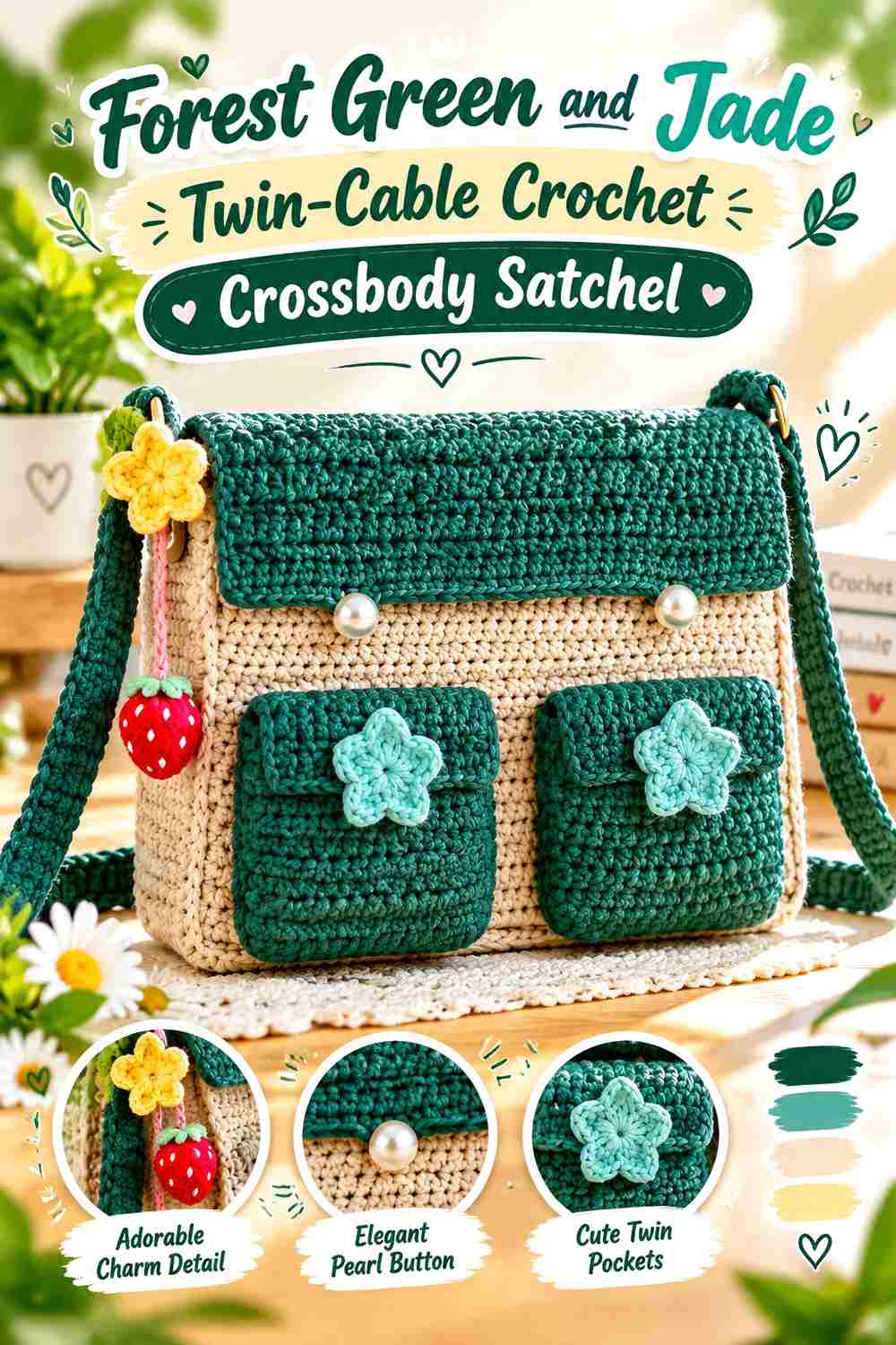 3. Forest Green And Jade Twin Cable Crochet Crossbody Satchel