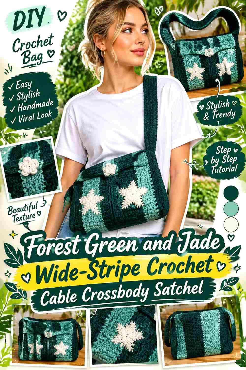 9. Forest Green And Jade Wide Stripe Crochet Cable Crossbody Satchel