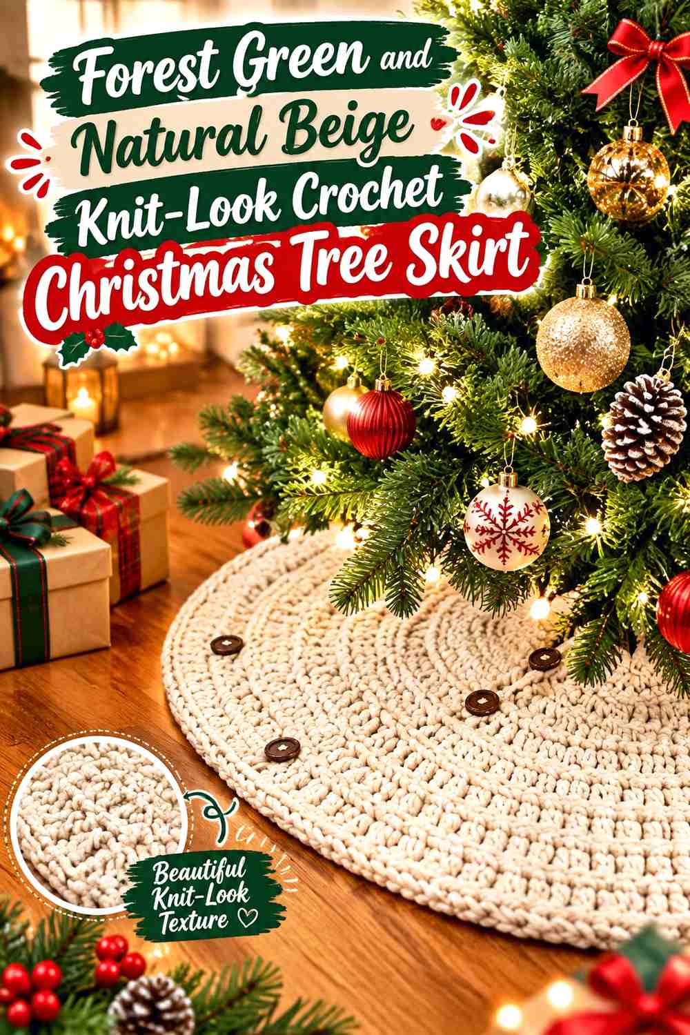 11. Forest Green And Natural Beige Knit Look Crochet Christmas Tree Skirt