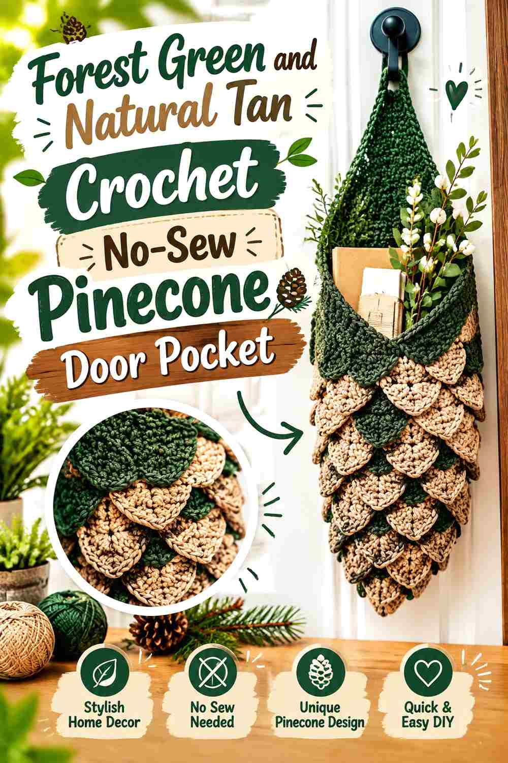 10. Forest Green And Natural Tan Crochet No Sew Pinecone Door Pocket