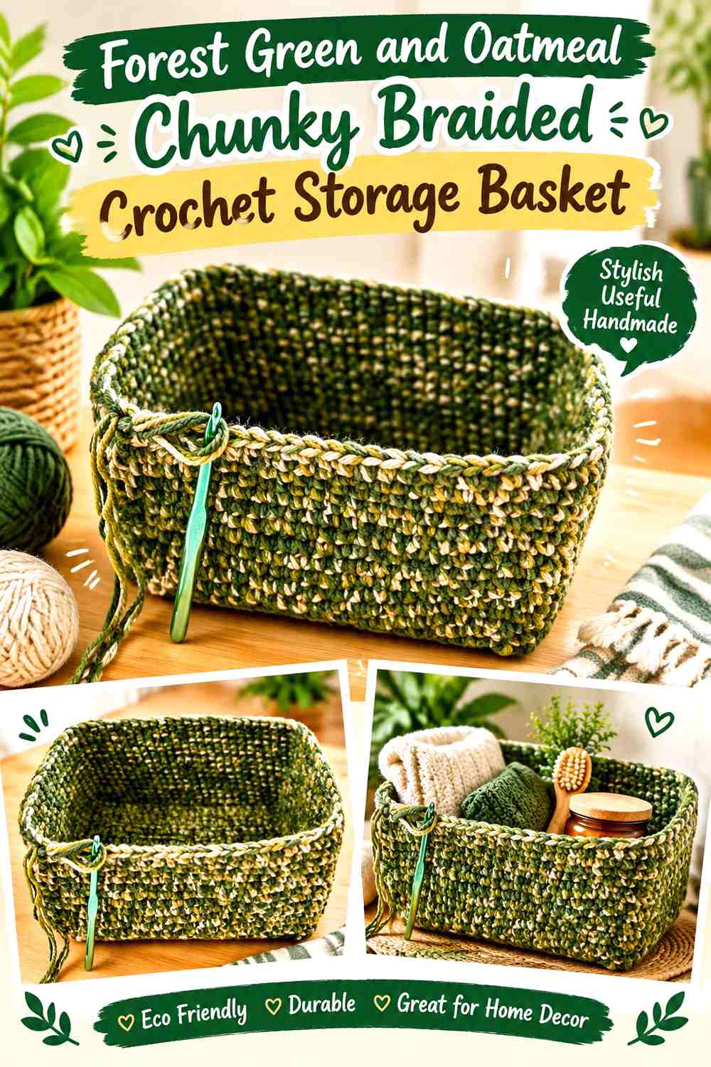 Forest Green and Oatmeal Chunky Braided Crochet Storage Basket