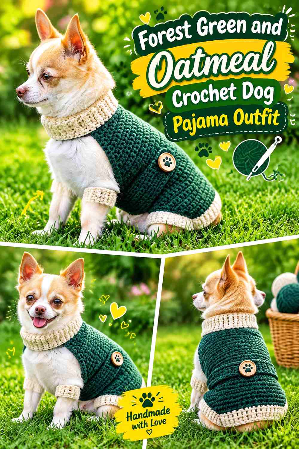 Forest Green and Oatmeal Crochet Dog Pajama Outfit