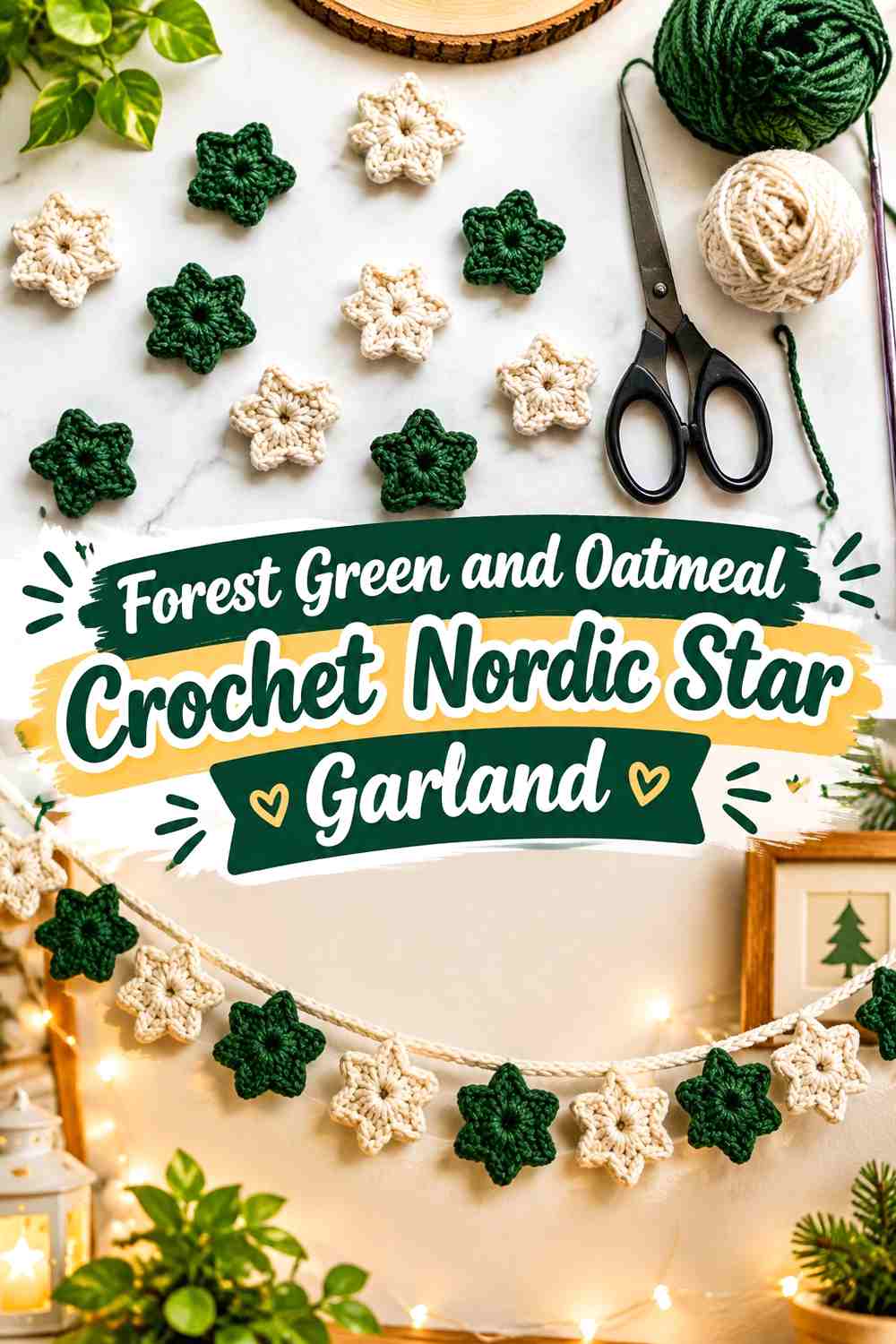 Forest Green and Oatmeal Crochet Nordic Star Garland