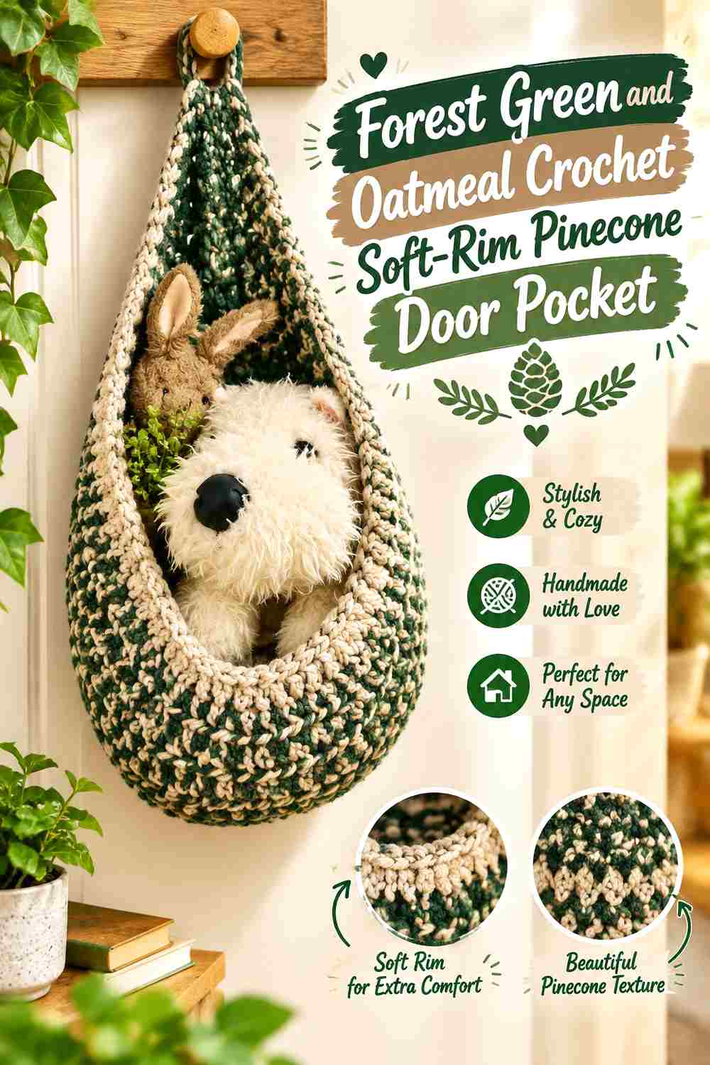 2. Forest Green And Oatmeal Crochet Soft Rim Pinecone Door Pocket