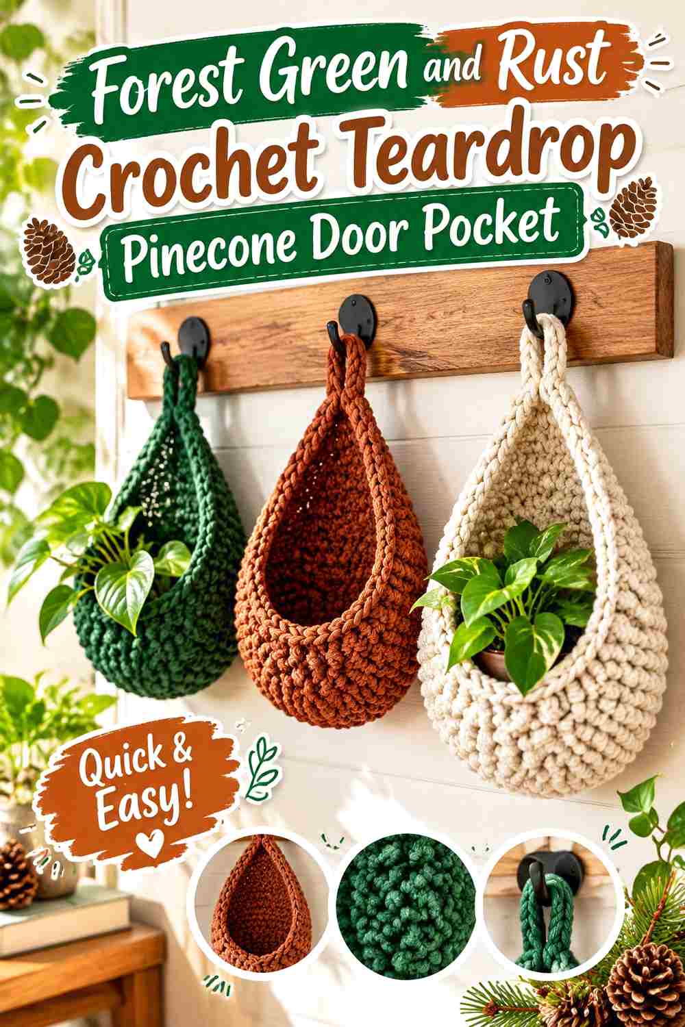 7. Forest Green And Rust Crochet Teardrop Pinecone Door Pocket