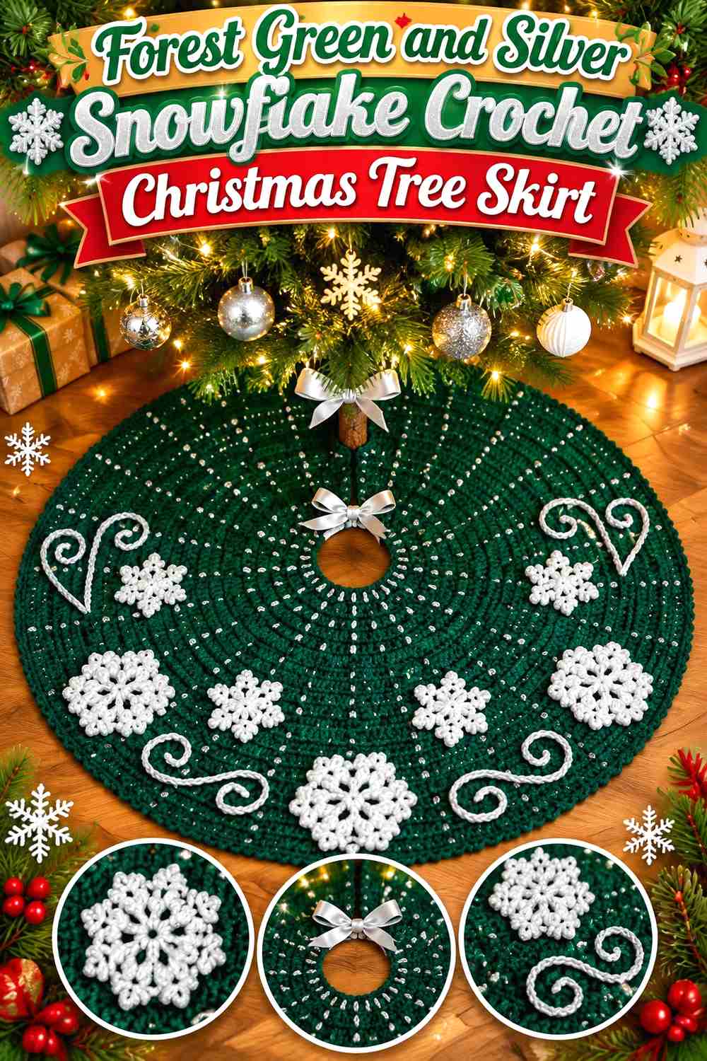 18. Forest Green And Silver Snowflake Crochet Christmas Tree Skirt