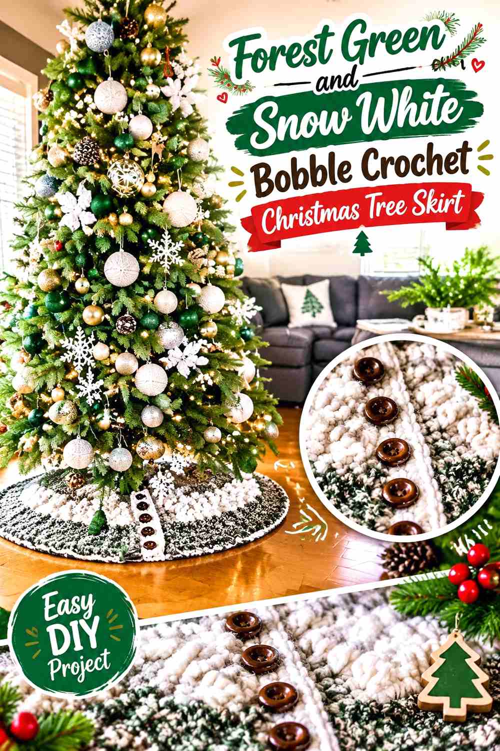 6. Forest Green And Snow White Bobble Crochet Christmas Tree Skirt