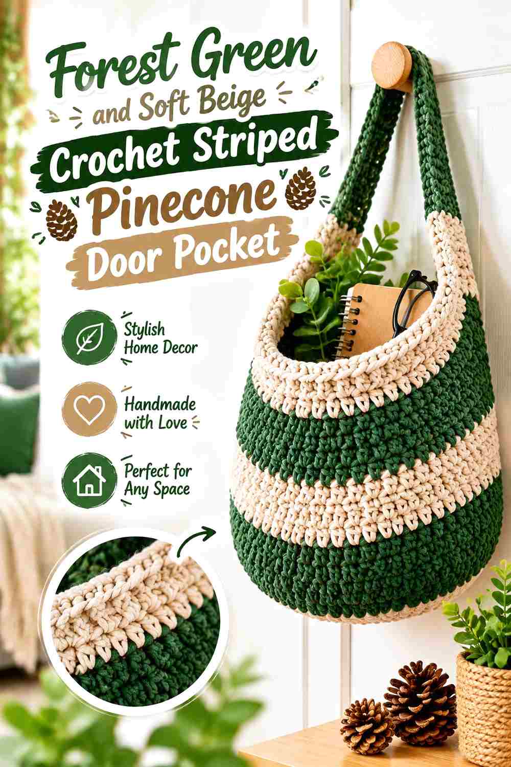 12. Forest Green And Soft Beige Crochet Striped Pinecone Door Pocket