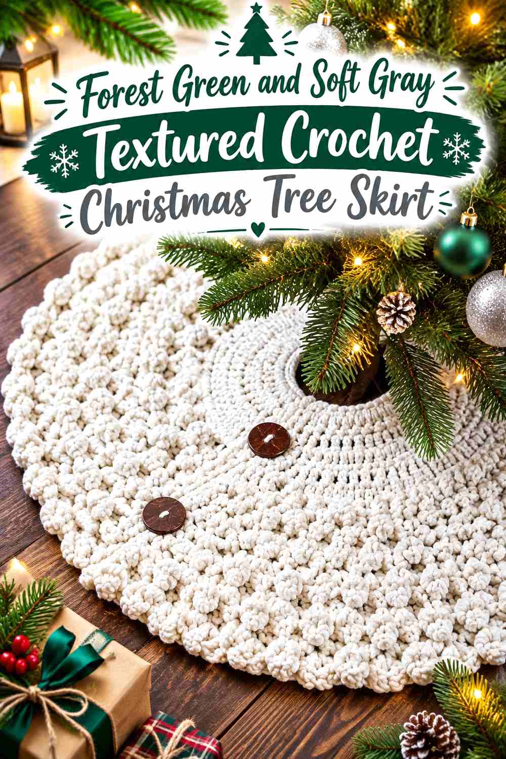 10. Forest Green And Soft Gray Textured Crochet Christmas Tree Skirt