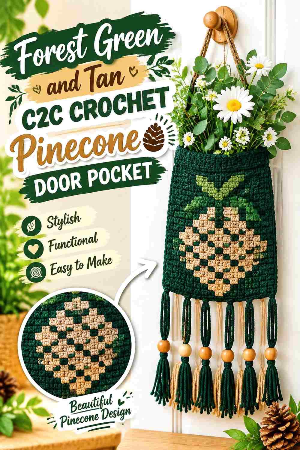 5. Forest Green And Tan C2c Crochet Pinecone Door Pocket