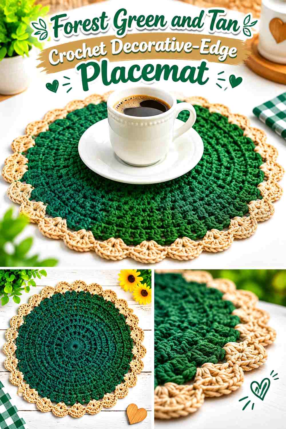 Forest Green and Tan Crochet Decorative-Edge Placemat