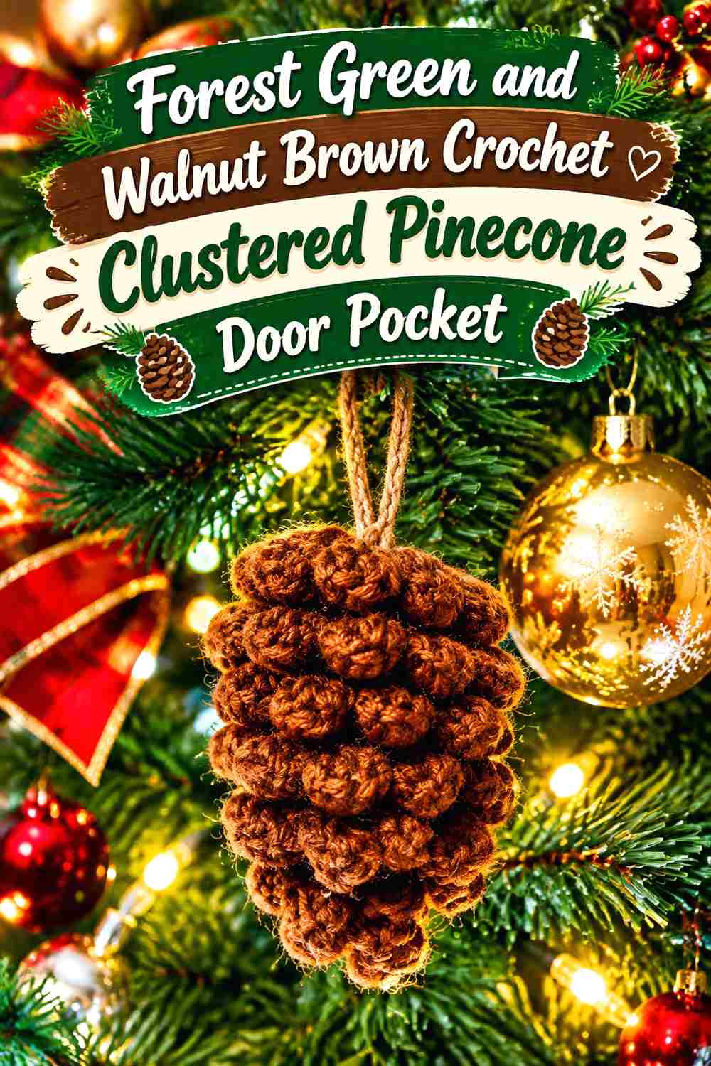13. Forest Green And Walnut Brown Crochet Clustered Pinecone Door Pocket