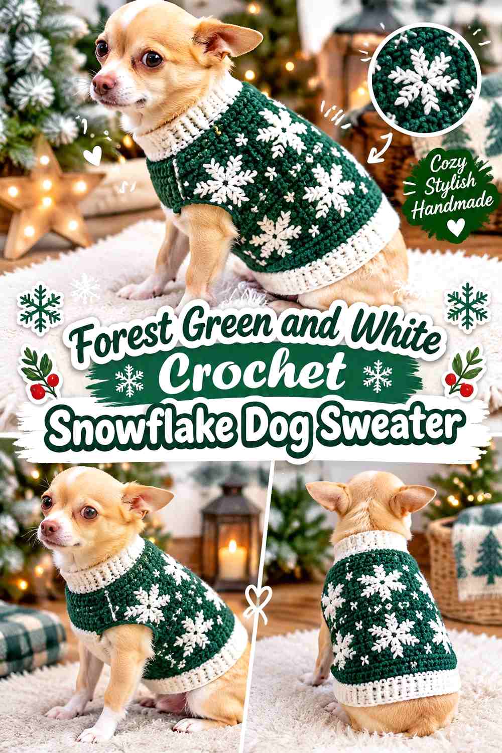 Forest Green and White Crochet Snowflake Dog Sweater