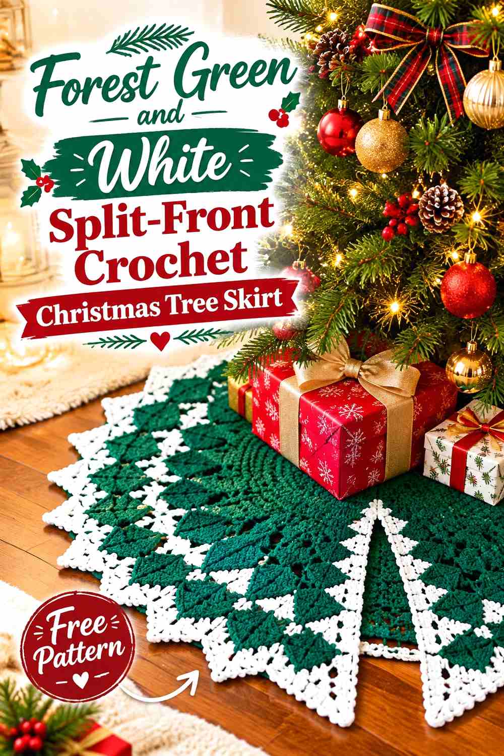 3. Forest Green And White Split Front Crochet Christmas Tree Skirt