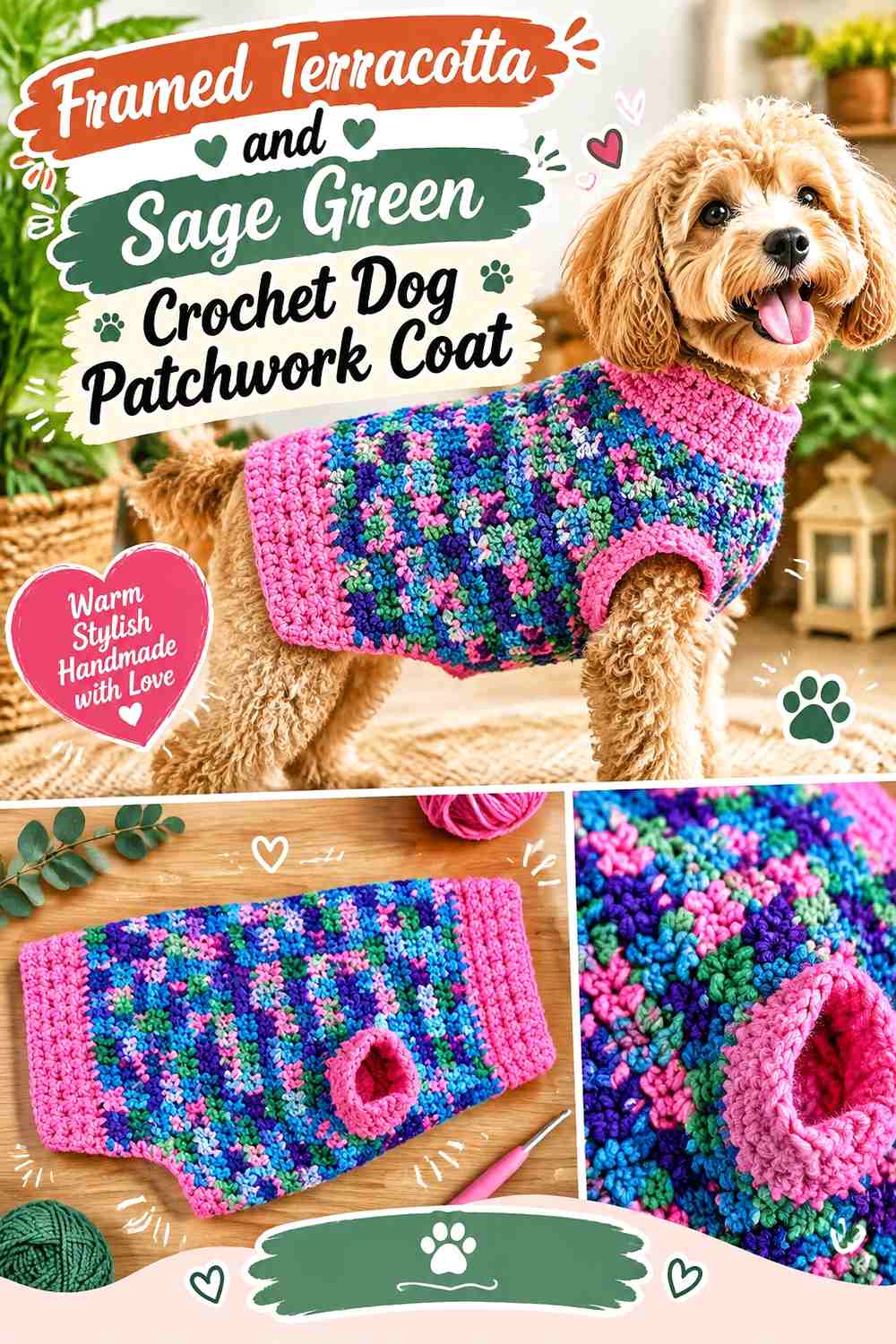 Framed Terracotta and Sage Green Crochet Dog Patchwork Coat