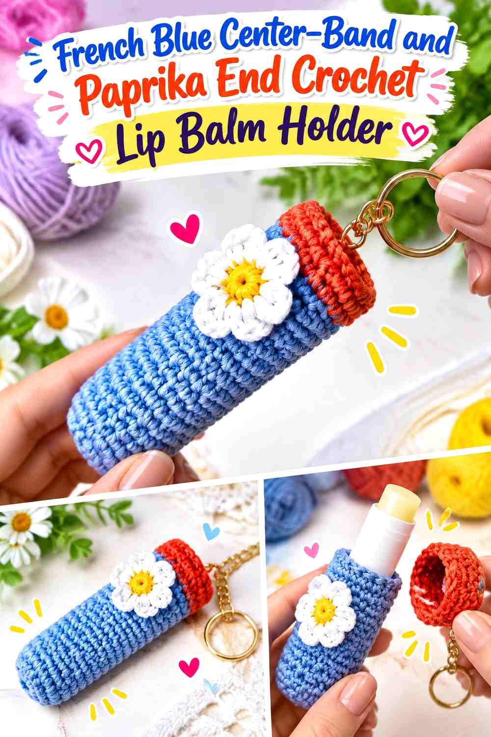 French Blue Center Band and Paprika End Crochet Lip Balm Holder