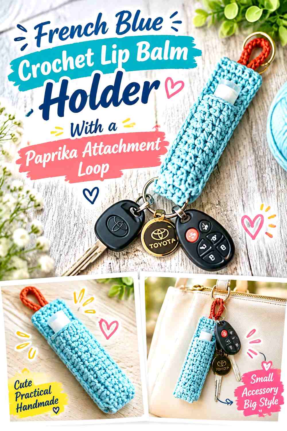 French Blue Crochet Lip Balm Holder With a Paprika Attachment Loop