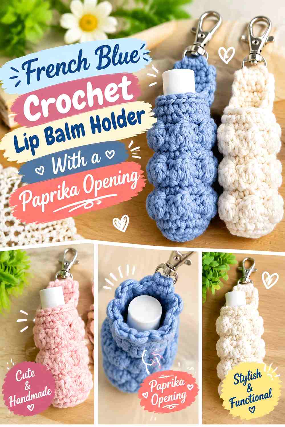 French Blue Crochet Lip Balm Holder With a Paprika Opening