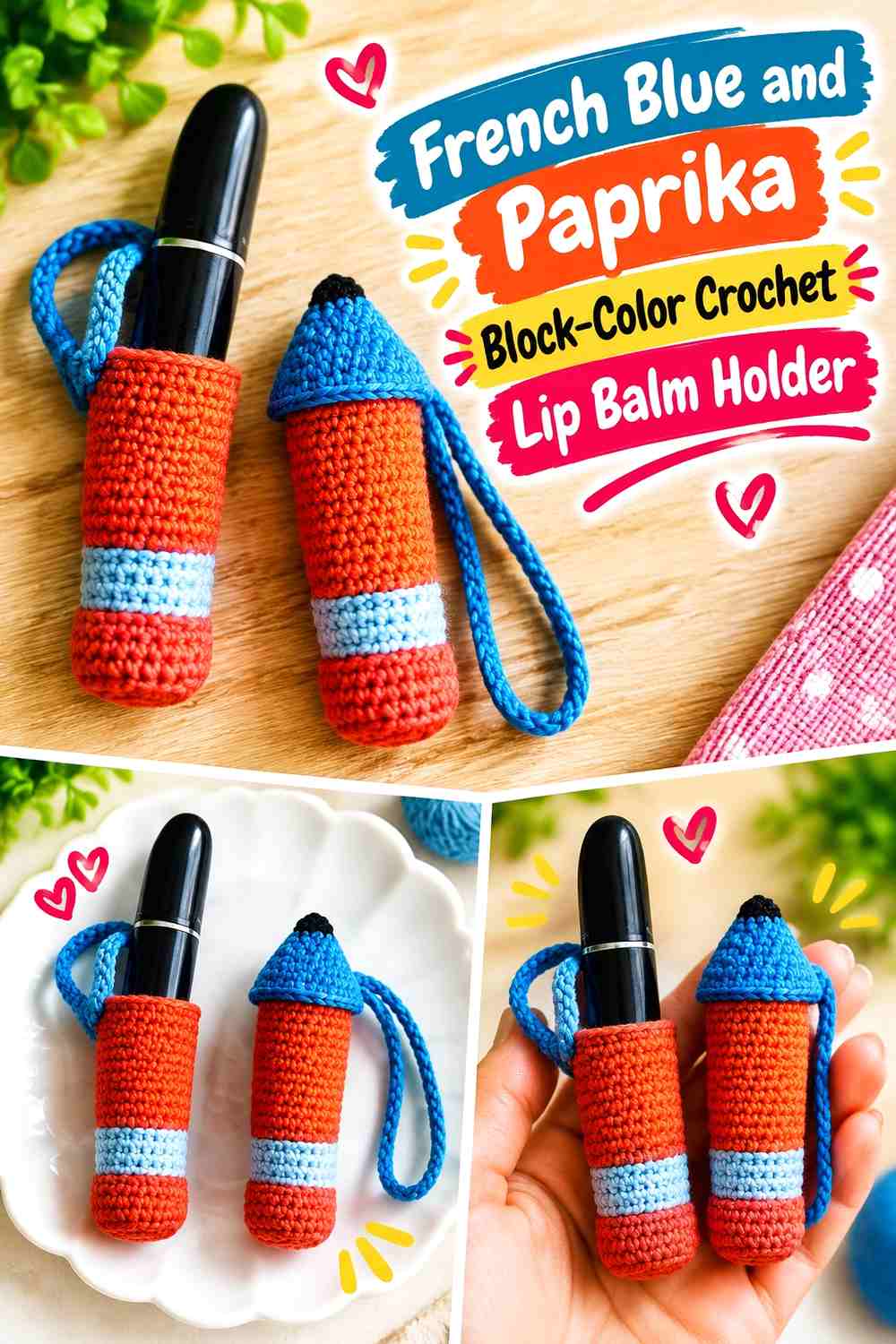 French Blue and Paprika Block Color Crochet Lip Balm Holder