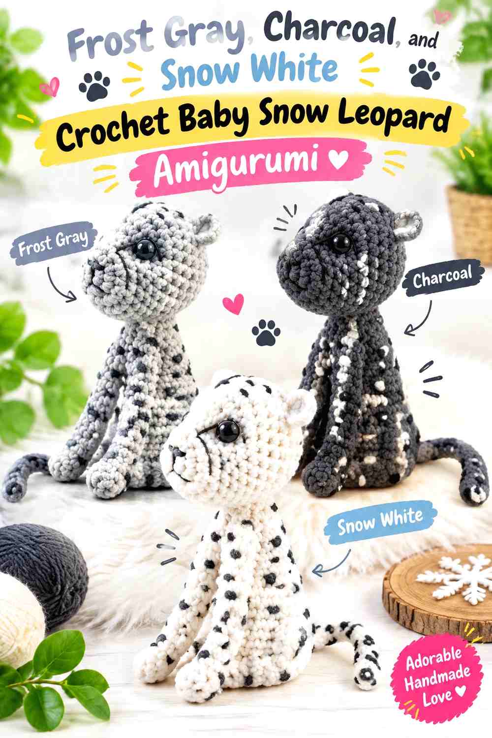 Frost Gray, Charcoal, and Snow White Crochet Baby Snow Leopard Amigurumi