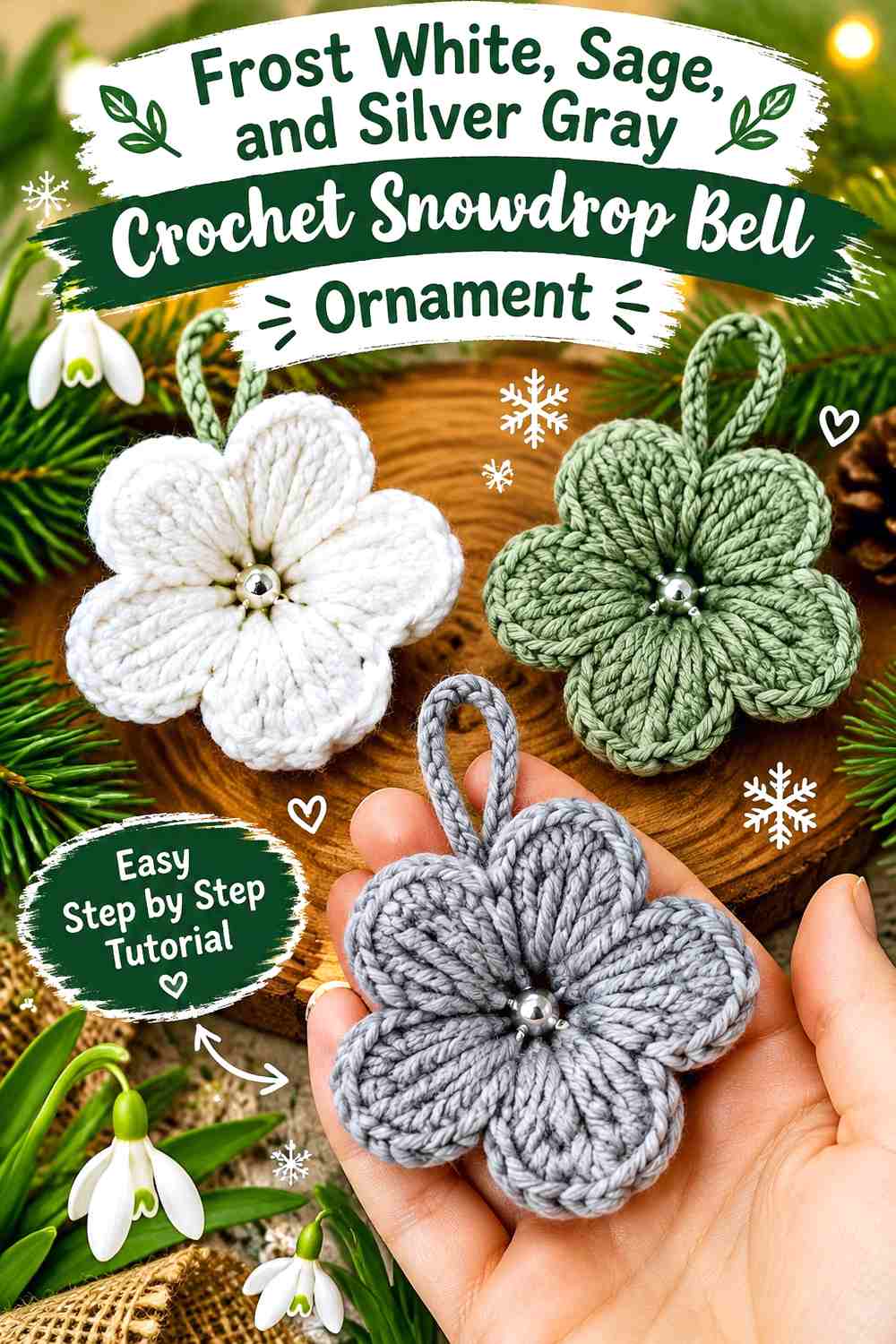 Frost White, Sage, and Silver Gray Crochet Snowdrop Bell Ornament